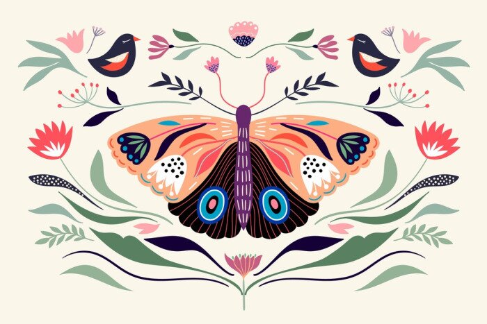 Poster Decorative poster/banner/composition with floral elements, butterfly,different flowers and plants