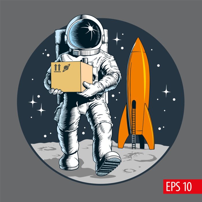 Poster Delivery service, astronaut holding package or cardboard box. Space colonization. Shipping cargo to space. Vector illustration.