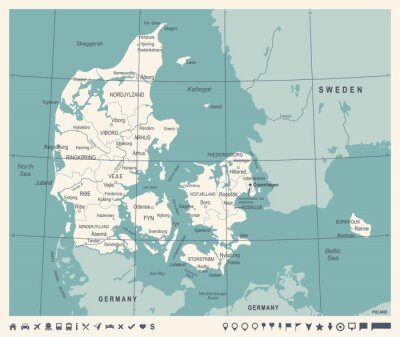 Poster Denemarken kaart - vintage vectorillustratie