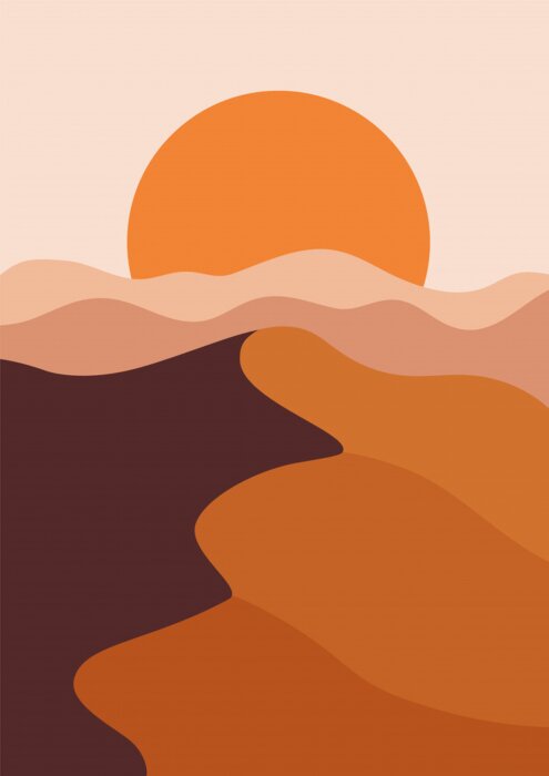 Poster Desert landscape in a vertical format, warm beige colors. Vector illustration with sunset in mountains. Abstract landscape poster.