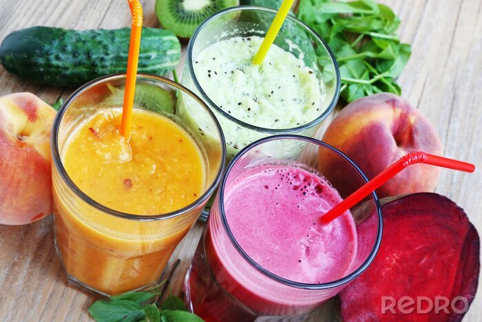 Poster Detox verse sappen met bieten, perziken, spinazie en kiwi's op