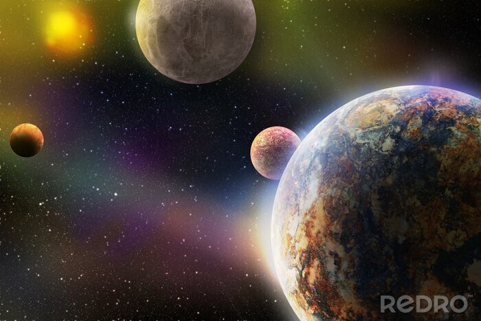 Poster diepe ruimte met planeten in galaxy-systeem met zonne-zon en sterren in 3D-afbeelding, fantasie of science fiction boekomslag of achtergrond achtergrondontwerp