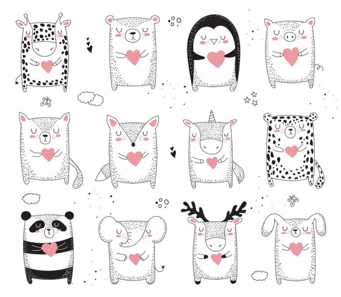 Poster Dieren die roze harten in hun poten houden