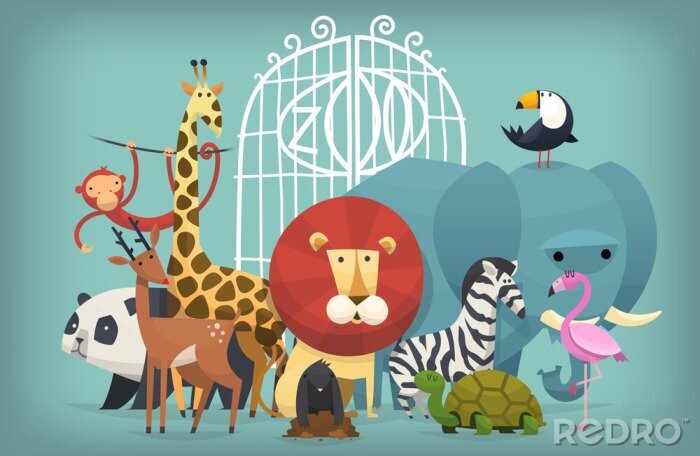 Poster Dieren op de achtergrond van de poort naar de dierentuin