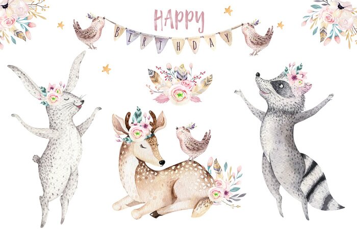 Poster Dieren versierd met bloemen die een verjaardag vieren