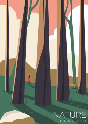 Poster Digitale grafische afbeelding van bosbomen en een figuur