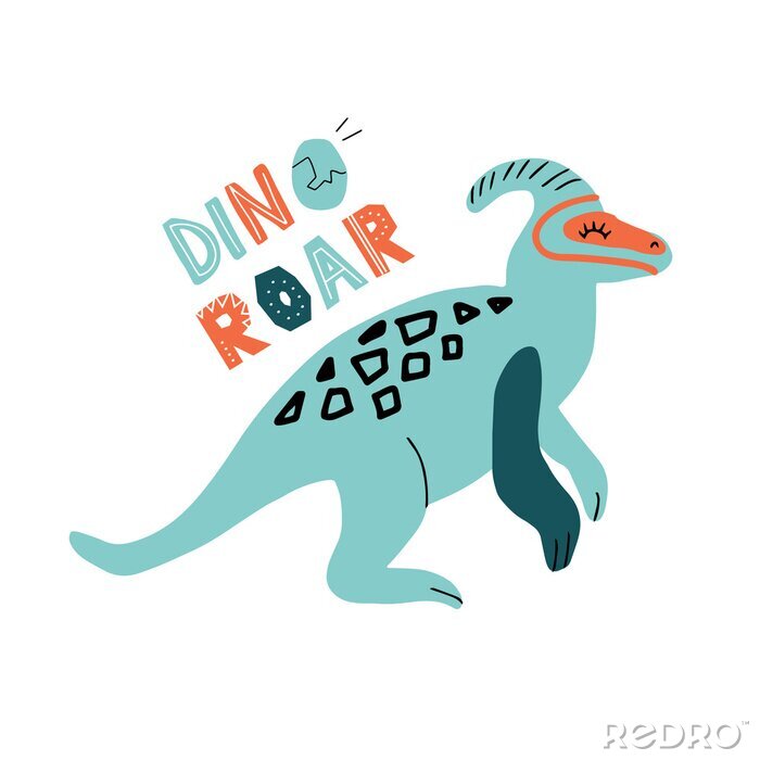 Poster Dino parasaurolophus color flat hand drawn character. Cute childish dinosaur with lettering quote Dino roar. Sketch with decor.Isolated cartoon illustration for kid game, book, t-shirt, textile
