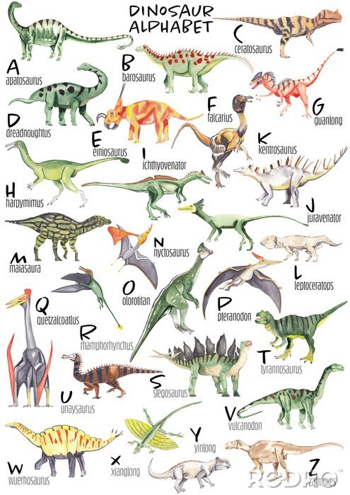 Poster Dinosaurus alfabet geschilderd in aquarel