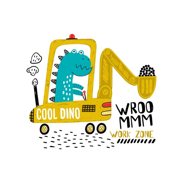 Poster Dinosaurus in een gele graver met een rode streep