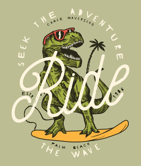 Poster Dinosaurus in rode bril op een surfplank