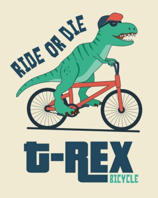 Poster Dinosaurus in zwarte bril op een rode fiets