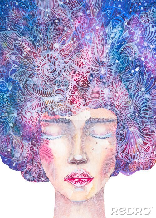 Poster dipinto femminilità. Dipinto acquerello bella donna con occhi chiusi