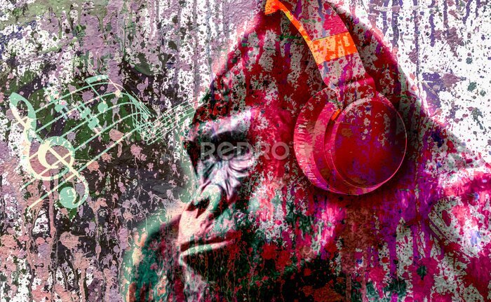 Poster dj gorilla monkey head in headphone with creative colorful abstract elements on light background