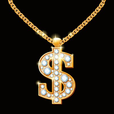Poster Dollarteken met diamanten op gouden ketting. Hip-hop stijl ketting