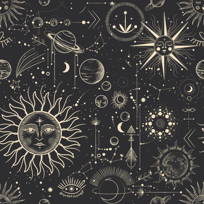 Poster Donkere hemel met de maan en planeten.