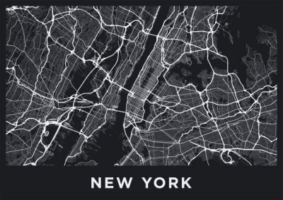 Donkere kaart van New York City. Routekaart van New York (Verenigde Staten). Zwart-witte (donkere) illustratie van de straten van New York. Transportnetwerk van de Big Apple. Afdrukbaar posterformaat 