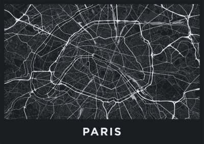 Donkere stadsplattegrond van Parijs. Routekaart van Parijs (Frankrijk). Zwart-wit (donker) illustratie van de straten van Parijs. Afdrukbaar posterformaat (album).