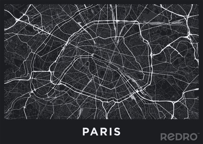 Poster Donkere stadsplattegrond van Parijs. Routekaart van Parijs (Frankrijk). Zwart-wit (donker) illustratie van de straten van Parijs. Afdrukbaar posterformaat (album).