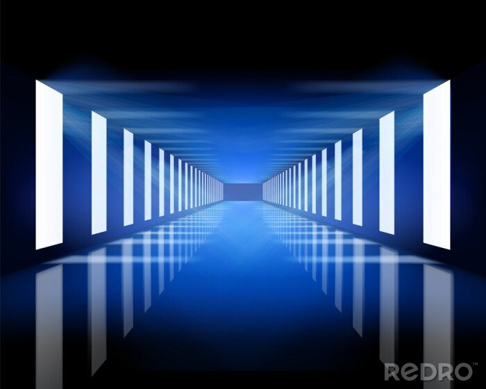 Poster Donkere tunnel in donkerblauw licht