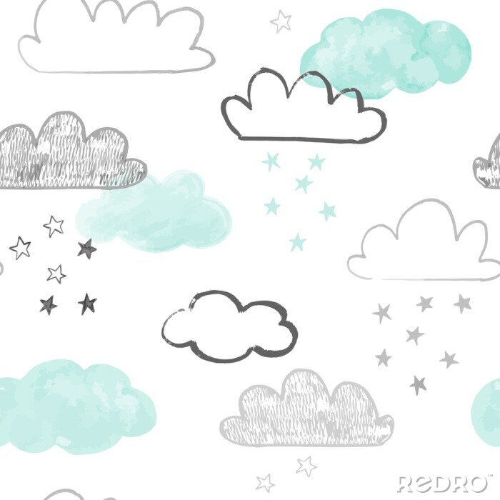 Poster Doodle wolken patroon. Hand getrokken vector naadloze achtergrond met wolken en sterren in grijs en blauwgroen. Druk in Scandinavische stijl.