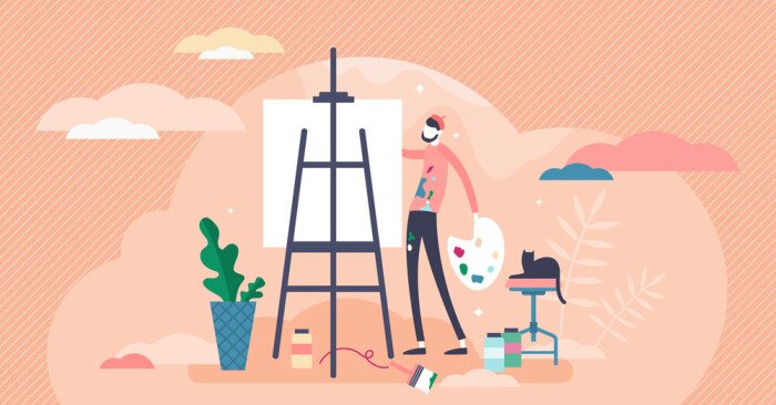 Poster Drawing or painting concept, flat tiny person vector illustration