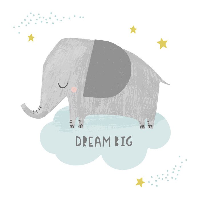 Poster Dream big - baby and kids nursery art poster. Cute elephant on a cloud with stars in hand drawn style. Baby shower invitation, greeting card, vector illustrations.