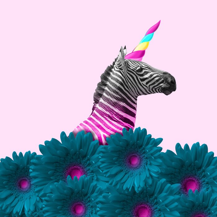 Poster Dreaming about being better. An alternative zebra like a unicorn in blue flowers on pink background. Negative space. Modern design. Contemporary art. Creative conceptual and colorful collage.
