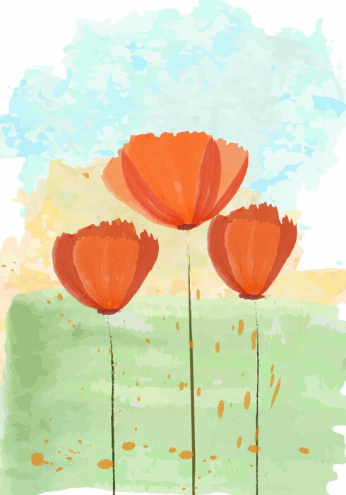 Poster Drie klaprozen reiken naar de blauwe lucht