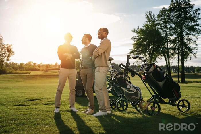 Poster Drie lachende mannen met gekruiste armen in de buurt van golfclubs in zakken