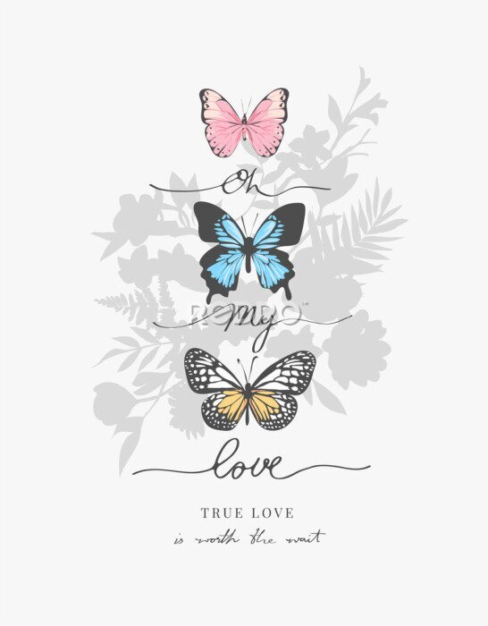 Poster Drie vlinders en kalligrafische inscriptie