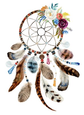 Poster Dromenvanger talisman met veren en bloemen