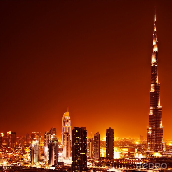 Poster Dubai centrum op zonsondergang