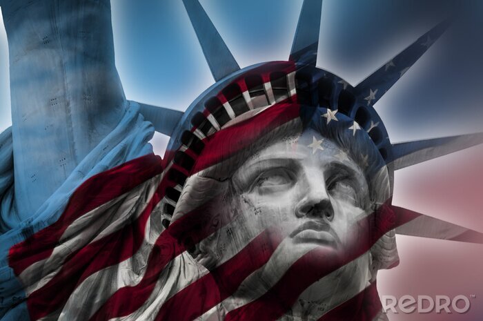 Poster Dubbel beeld blootstelling van het Vrijheidsbeeld en de Amerikaanse vlag