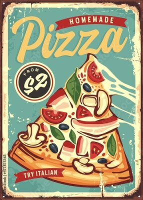 Poster Een afbeelding met een pizza en een bord in de stijl van een retro poster.