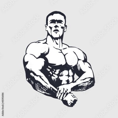 Poster Een afbeelding met het silhouet van een bodybuilder op een lichte achtergrond.