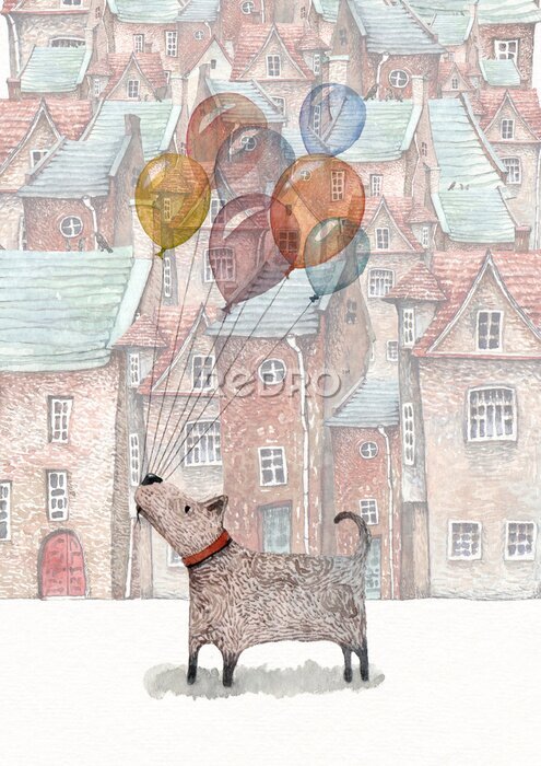 Poster Een aquarel illustratie van een kleine hond die een bos ballonnen houdt, die in een oude stad loopt die op de achtergrond verschijnt.