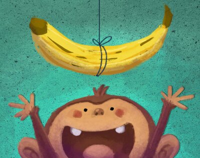 Een banaan aan een touwtje en een aap