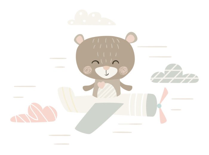 Poster Een beer in een vliegtuig tussen de wolken