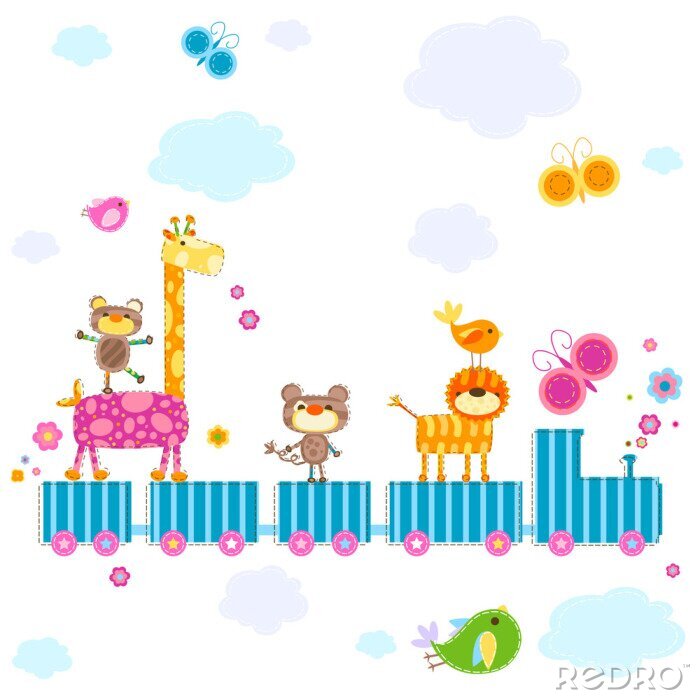 Poster Een blauw gestreepte trein met dieren