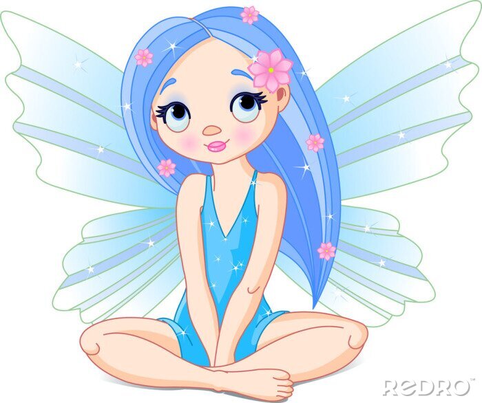 Poster Een blauwharige fee die met gekruiste benen zit