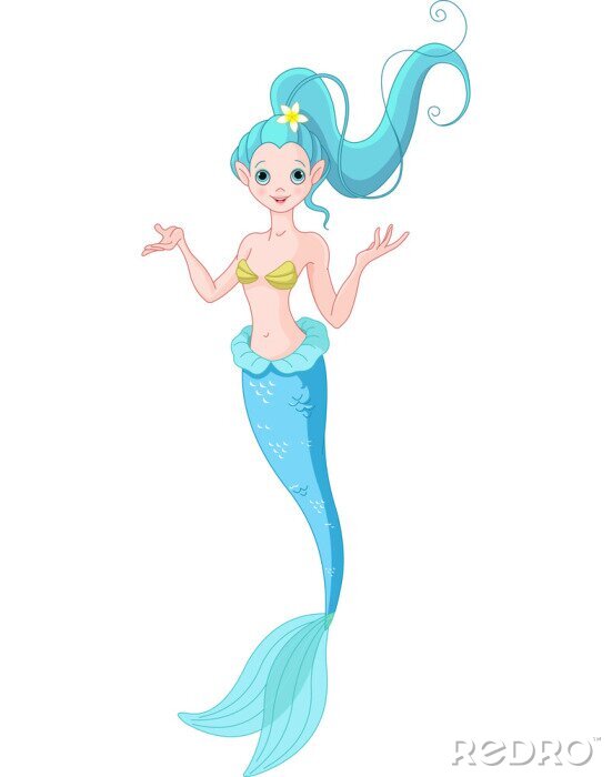 Poster Een blauwharige zeemeermin met een paardenstaart vastgebonden met een bloem