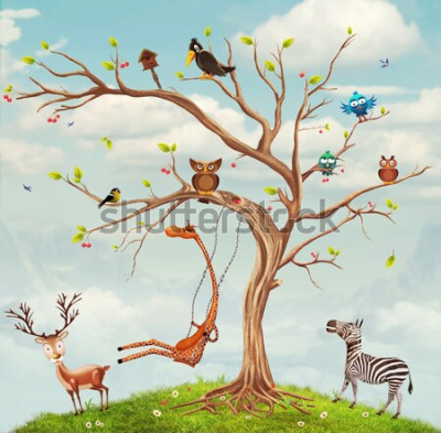 Poster Een boom en de dieren eromheen