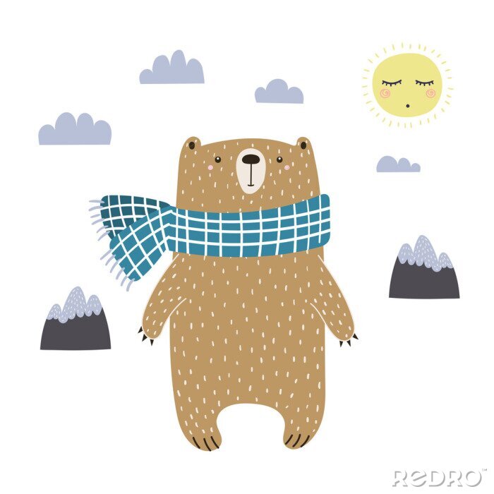 Poster Een bruine beer in een geruite sjaal