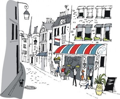 Poster Een cartoonachtig Parijs café met een kleurrijke luifel.