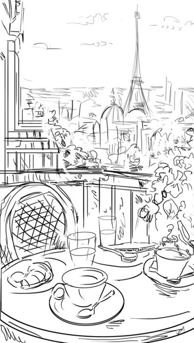 Poster Een cartoonachtig uitzicht op Parijs en de Eiffeltoren vanaf het balkon.