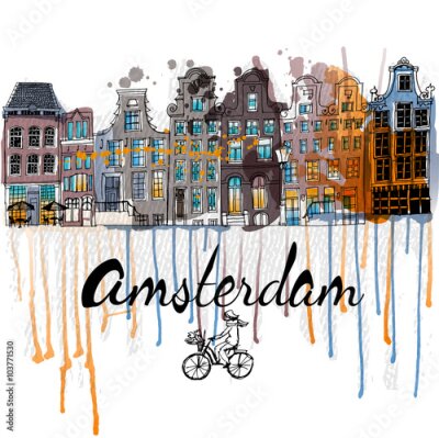 Poster Een cartoonpanorama van Amsterdam
