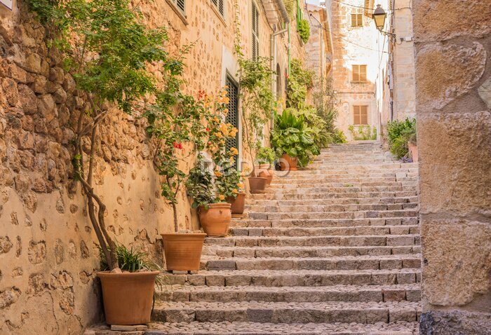 Poster Een charmante straat met trappen en keramiek van mediterrane architectuur