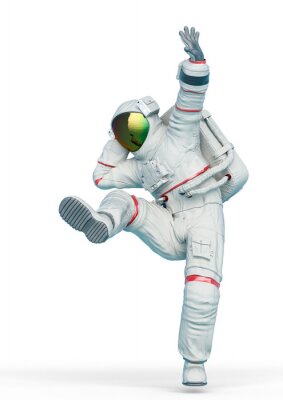 Een dansende astronaut in een wit pak