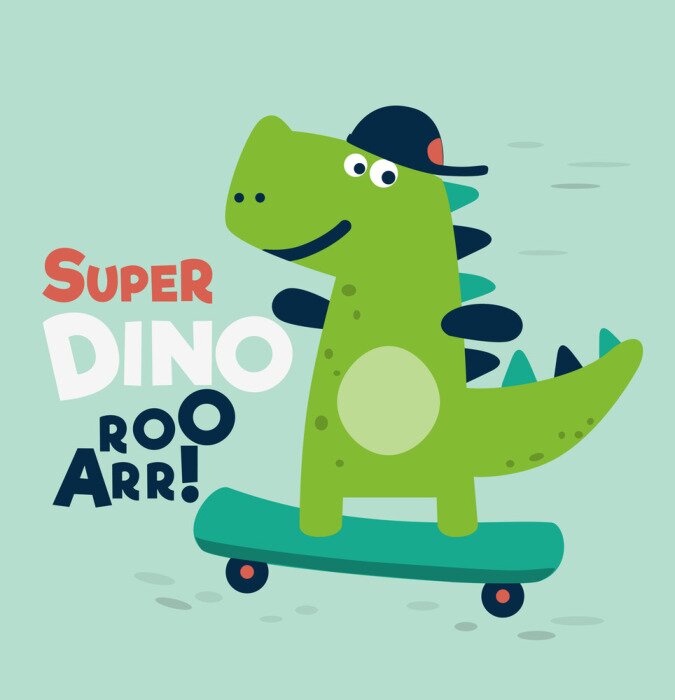 Poster Een dinosaurus met een baseballpet op een skateboard