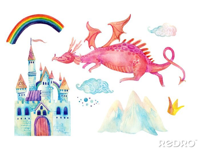 Poster Een draak die naar het kasteel vliegt en een regenboog